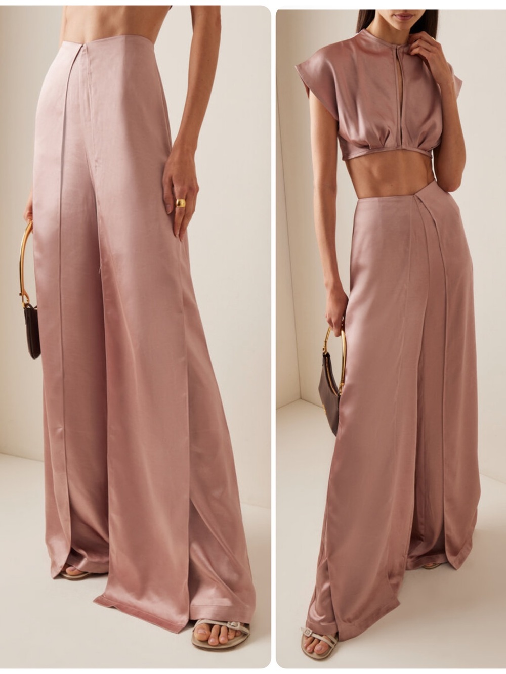 Andrea Iyamah Hami Pearl Pink Satin High-Waist Wide-Leg Overlay Pants NWT $295